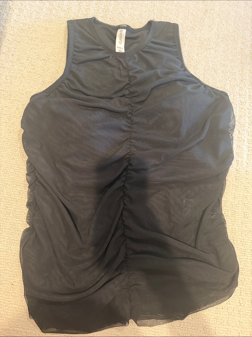 Shebird Sleeveless Ruched Mesh Tank Top - Black